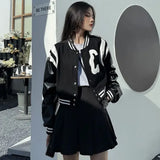 Punk Style Black White Leather Varsity Jacket