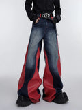 Streetwear Red Patchwork Baggy Wide Leg Jeans