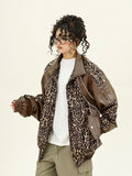 Leopard Print Splicing PU Leather Jacket