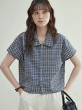 Woemn Streetwear Vintage Plaid Loose Summer Blouse Shirt