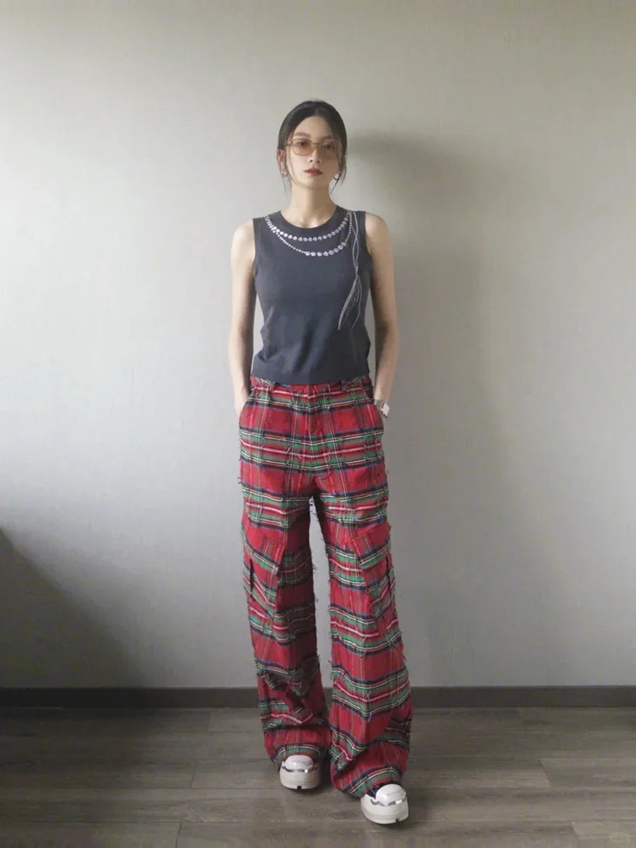 Red Plaid Grunge High Waist Loose Cargo Pants