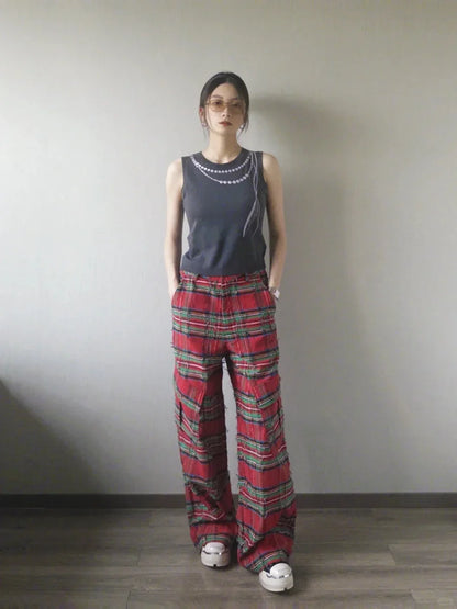 Red Plaid Grunge High Waist Loose Cargo Pants