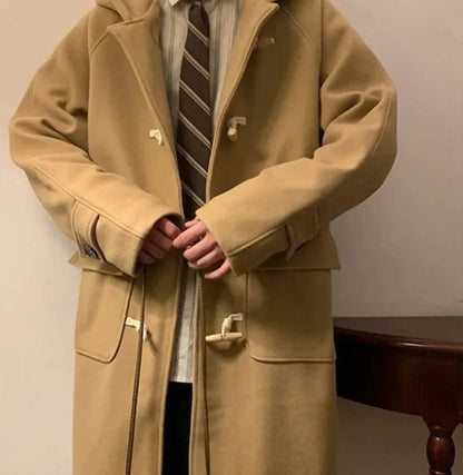 Vintage Horn Buckle Woolen Hooded Coat