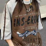 Women Contrast Raglan Letter Print Cotton T-Shirt