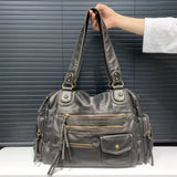 Front view of the brown Multi-Compartment Zipper Handbag 
