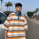 Japanese Style Color Blocked Striped Lapel T-Shirt