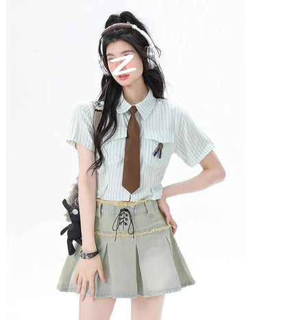 Y2K Women Streetwear Vintage Striped Tie Blouse Shirt