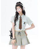 Y2K Women Streetwear Vintage Striped Tie Blouse Shirt