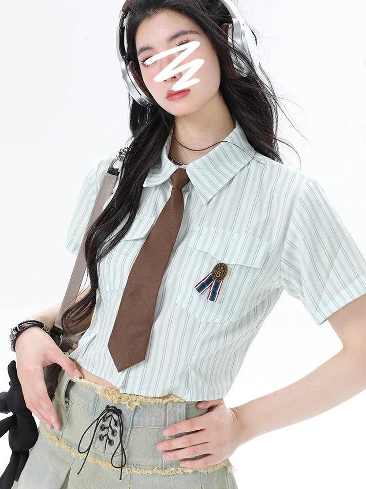 Y2K Women Streetwear Vintage Striped Tie Blouse Shirt