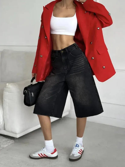 Streetwear Low Waist Wide Leg Denim Jorts