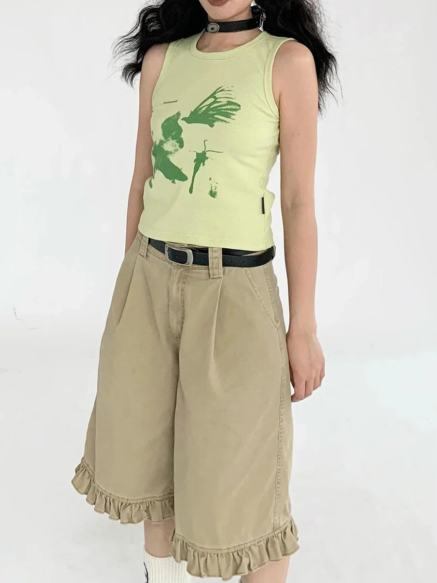 Chic Patchwork Wide Leg Denim Jorts