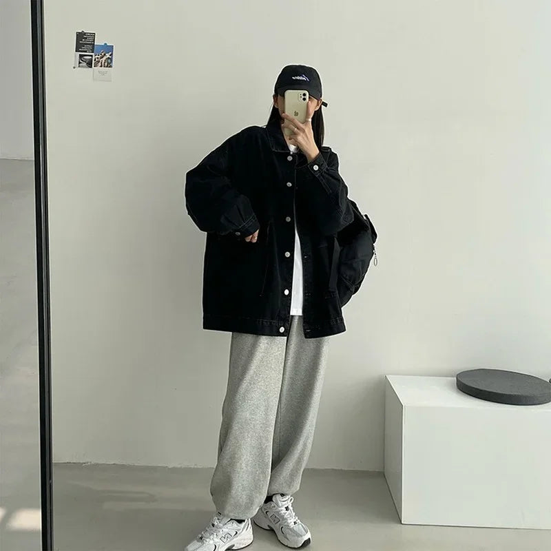 Black Loose Single Breasted Denim Jacket