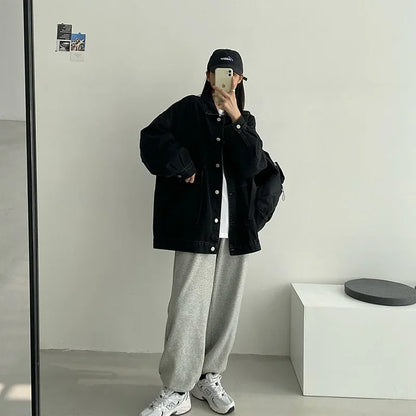 Black Loose Single Breasted Denim Jacket