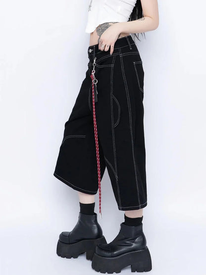 Patchwork Black Retro Wide Leg Jorts
