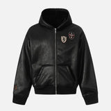 Embroidery Motorcycle Hooded Leather Jacket