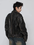 Streetwear Retro Distressed Black Leather Jacket
