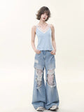 Women Vintage Lace Loose Fit Wide Jeans
