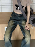 Street Denim Blue Loose Hole High Waist Jeans