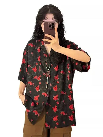 Women Vintage Japanes Style Flower Print Loose Blouse Shirt