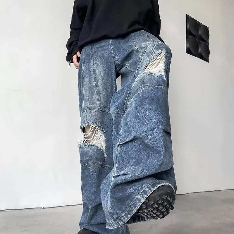 Trendy Wide Leg Broken Hole Jeans