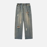 Vintage Flex Waist Patch Ripped Straight Leg Jeans