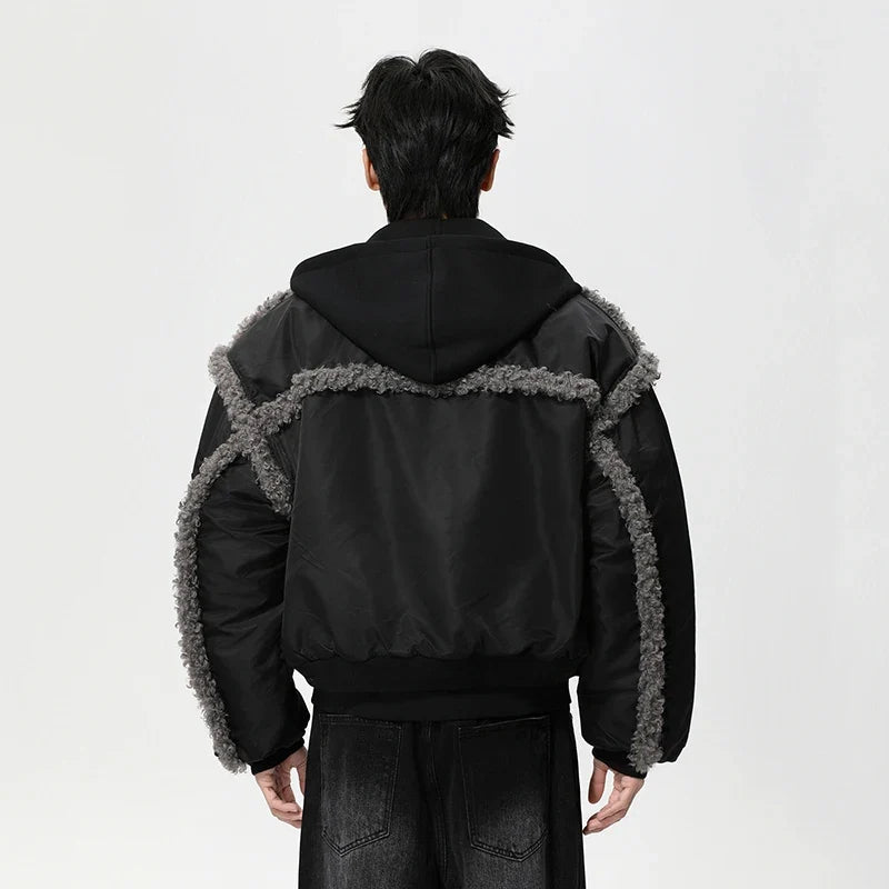 Stylish Patchwork Frayed Hooded Baseball Jacket