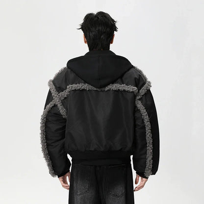 Stylish Patchwork Frayed Hooded Baseball Jacket
