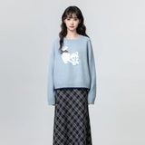 Women Retro Cute Blue Oversize Bow Sweater