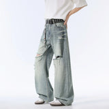 Rugged Blue Distressed Wide Leg Jeans
