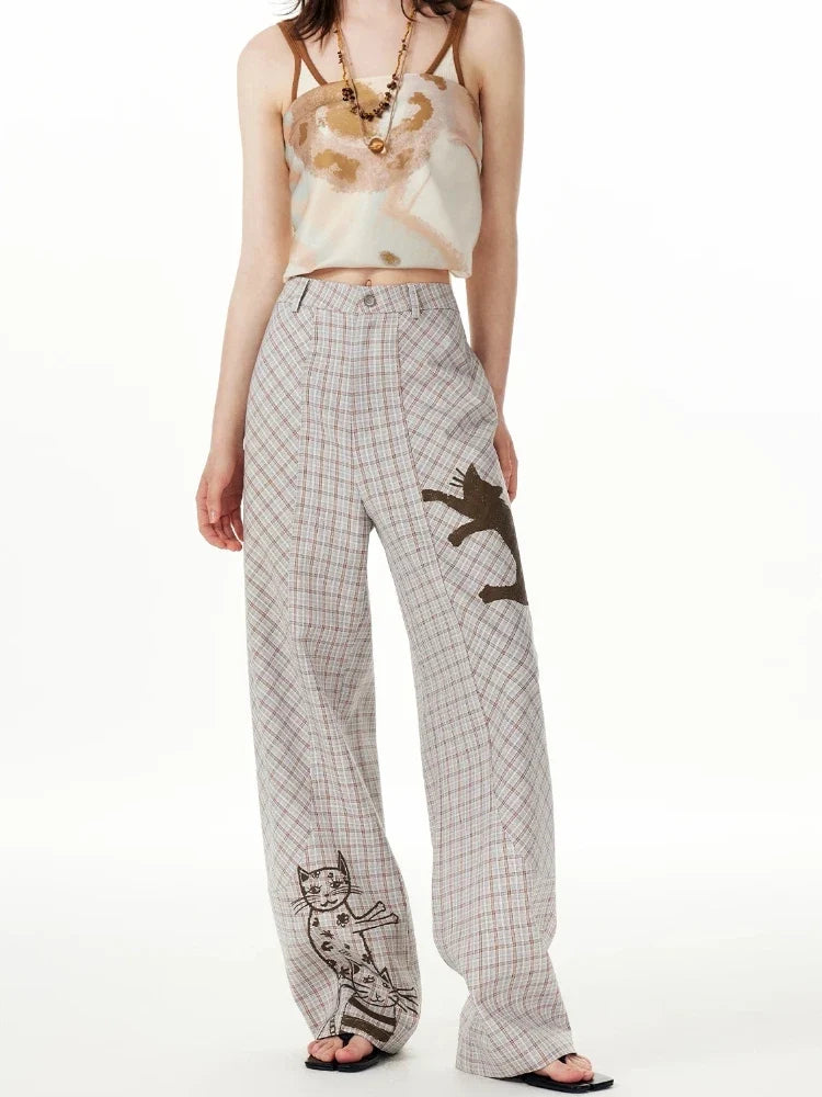 Comfort Plaid Cat Print Retro Sweatpants
