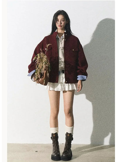 Red Woolen Commuting Baseball Jacket