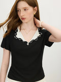 Layered Knit Lapel Short Sleeve T-Shirt
