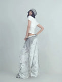 White Printed Knitted Paratrooper Pants