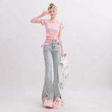 Women Retro Lace Up High Waist Straight Denim Jeans