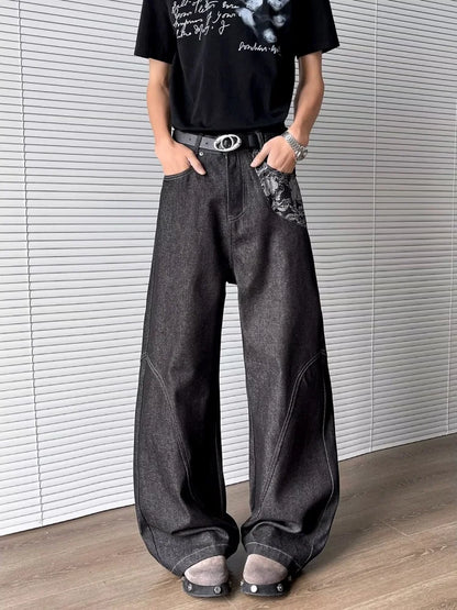 Cyber Graphic Patchwork Baggy Black Jeans
