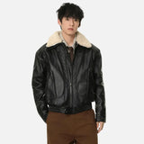 American Style Patchwork Fur Collar Leather Jacket