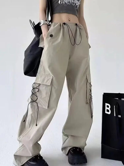 American Style Solid Pleated Wide Leg Cargo Pants
