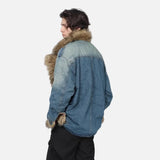 Y2K Washed Distressed Denim Padded Fur Jacket