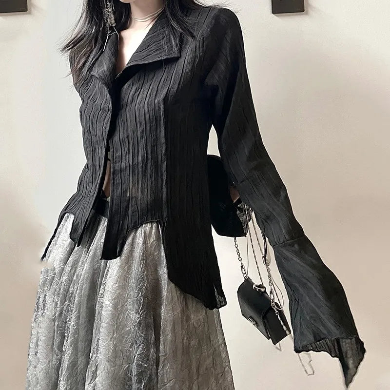 Model wearing the black Gothic Whisper Asymmetrical Shirt