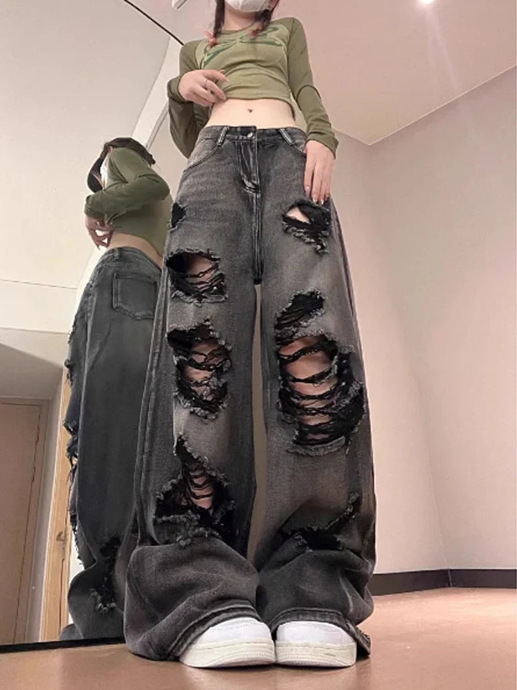Vintage Oversize Cutting Ripped Denim Jeans