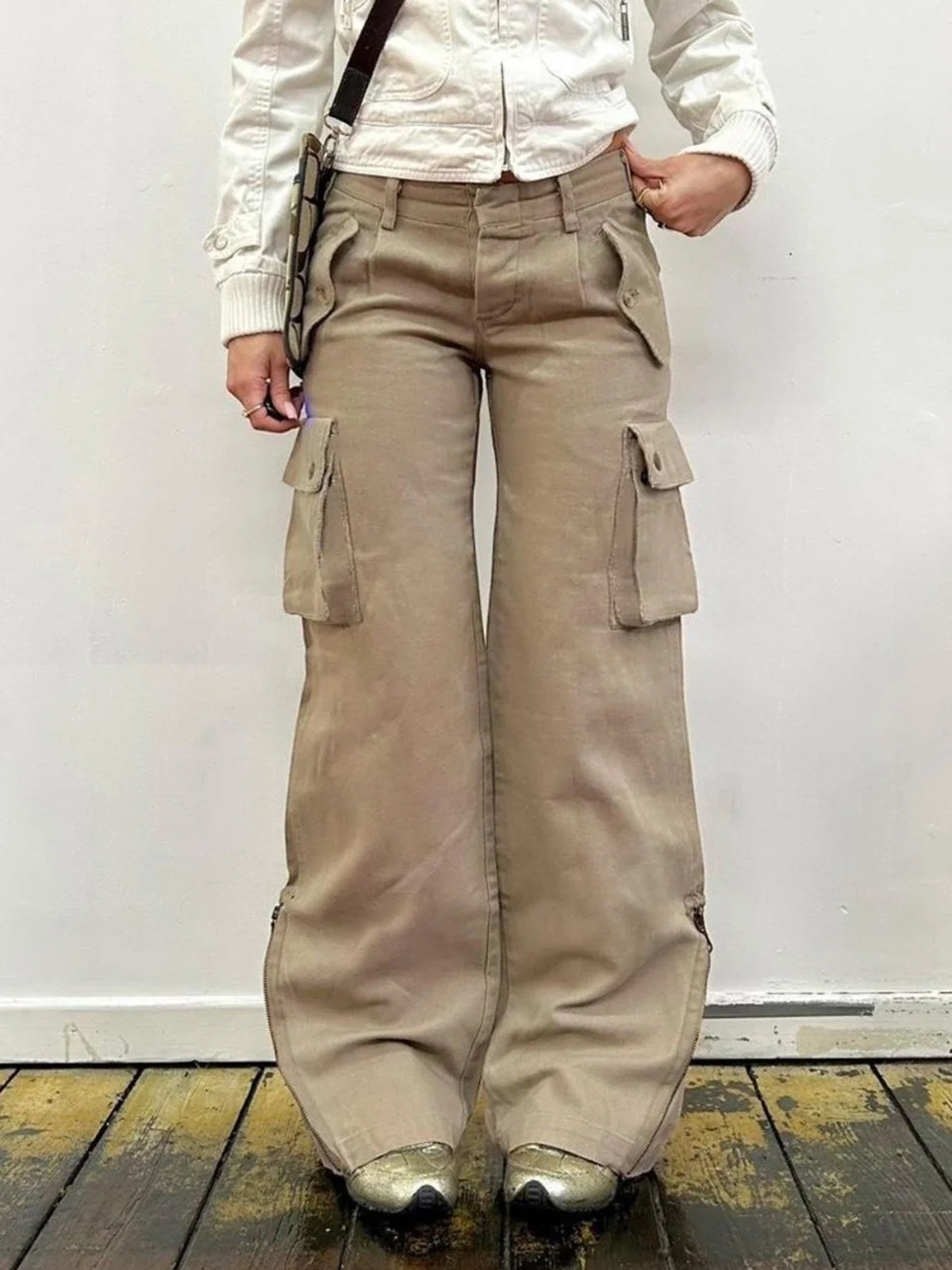 Vintage Khaki Flared Patchwork Denim Jeans