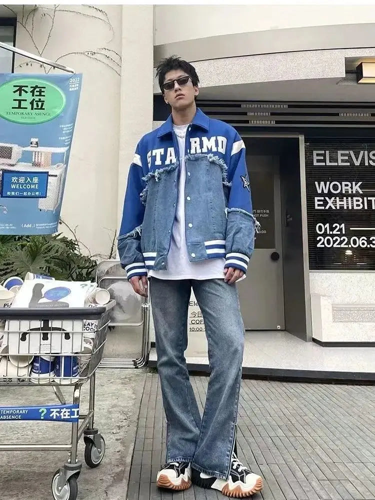 Y2K Patchwork Retro Baseball Denim Varsity Jacket