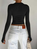 Crew Neck Solid Slim Long Sleeve Crop Top