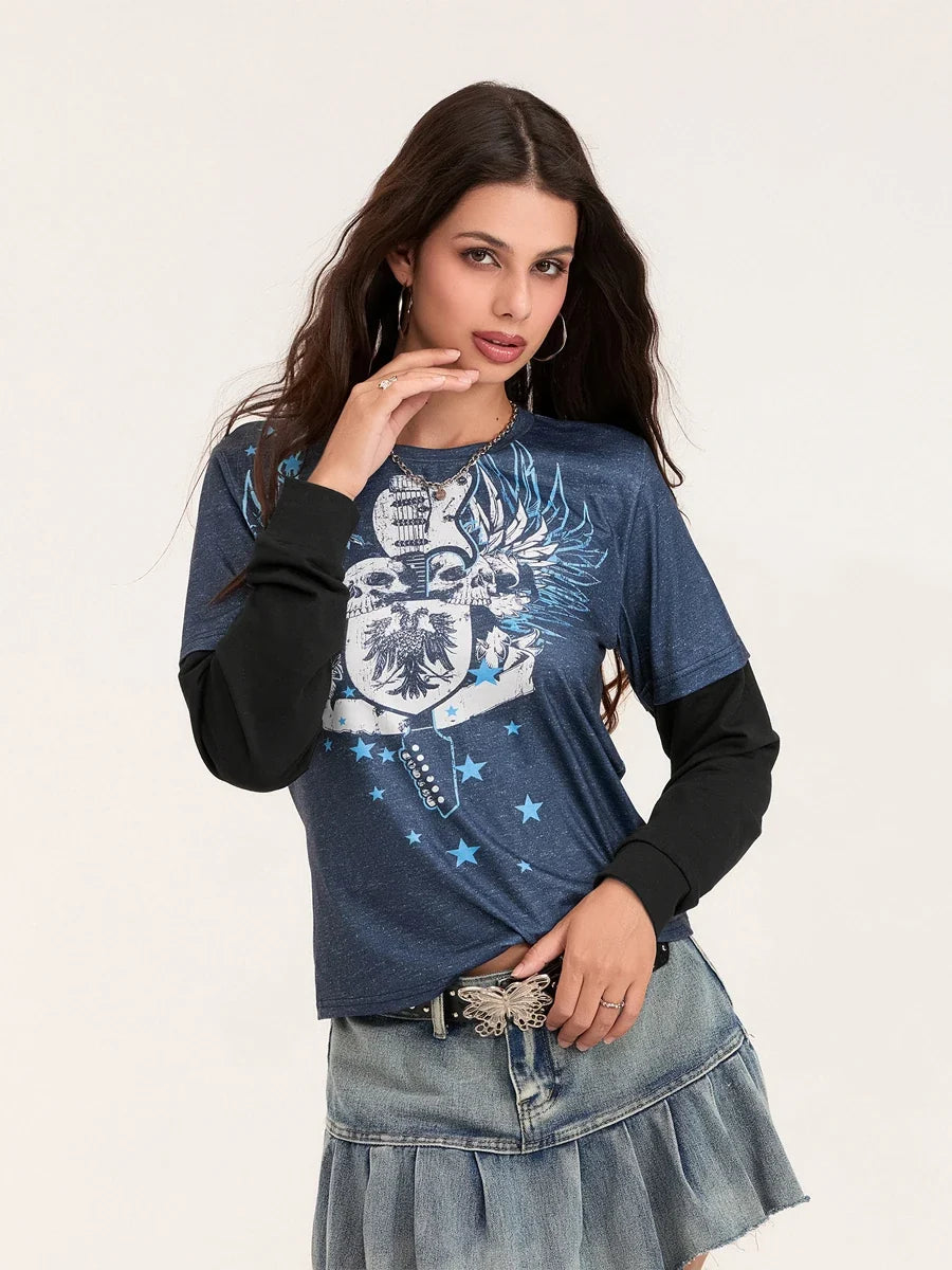 Women Patchwork Gothic Crew Neck T-Shirt