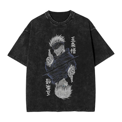 Anime Girl Dinner Print Washed T-Shirt