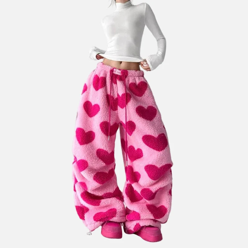 Versatile Elastic Waist Heart Print Drawstring Sweatpants