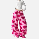 Versatile Elastic Waist Heart Print Drawstring Sweatpants