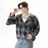 Streetwear Plaid Drawstring Hooded T-Shirt