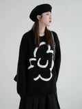 Women Vintage Black Floral Knitted Pullover Sweater