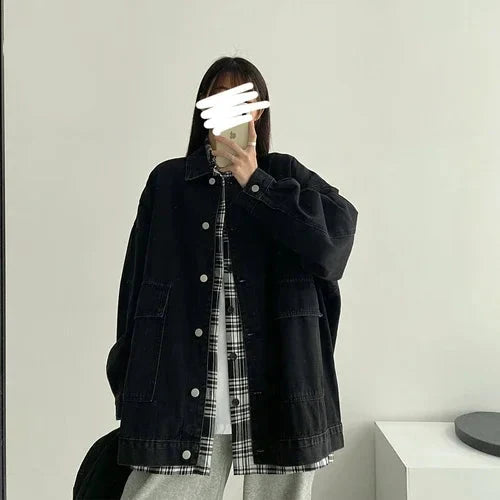 Black Loose Single Breasted Denim Jacket
